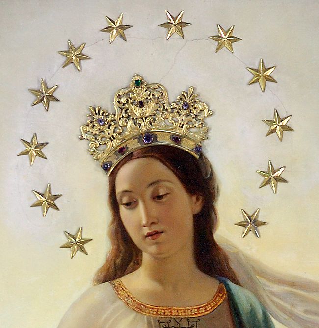 Our Lady of the Miracle (Madonna del Miracolo) with her head crowned and a halo-shaped ring of 12 stars