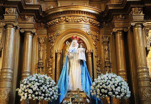 The miraculous statue of Our Lady of Good Success above the main altar of the Conceptionist Church in Quito, Ecuador