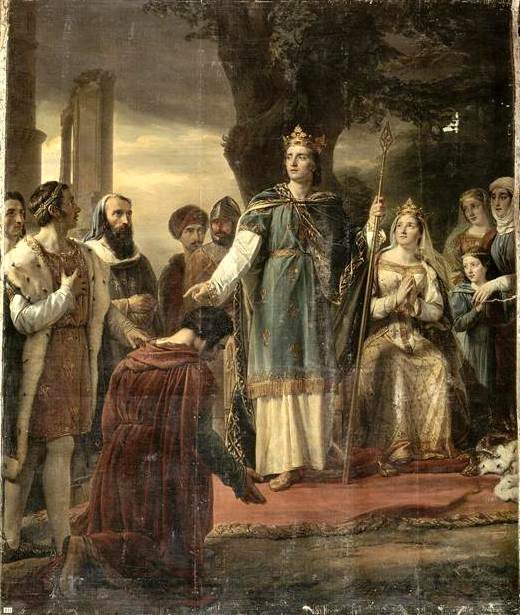 King Saint Louis IX dispensing justice under the tall oak tree of Vincennes - painting by Georges Rouget