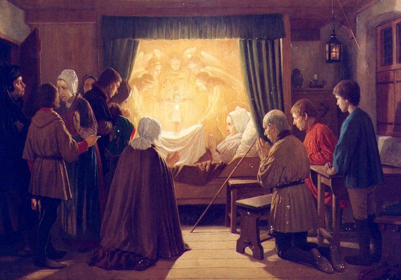 Christ, the Child Jesus, appears on the Cross with the Holy Eucharist and surrounded by the Heavenly Hosts to Saint Lydwine and her family on her deathbed. Long Live the Sacred Cross: Long Live Suffering!