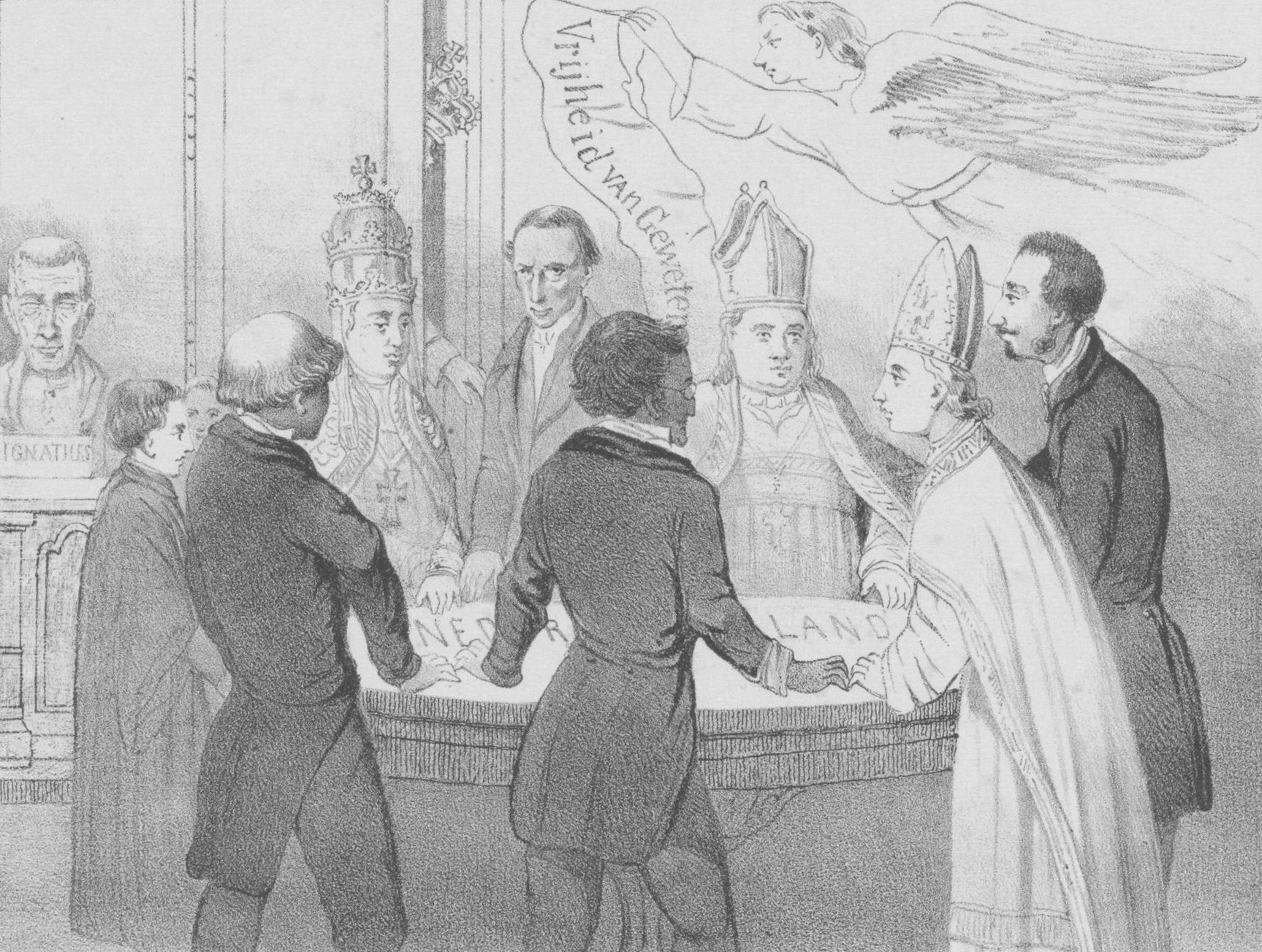 Cartoon depicting the fall of Thorbecke's government due to the so-called April Movement, April 20, 1853. Thorbecke, other ministers, the pope, and two bishops are standing around a round table labeled “The Netherlands.” They are trying to make the table dance. Above the table is an angel with a banner reading “Freedom of Conscience.” Through a doorway on the left, the crown of King William III is visible, grabbing Thorbecke by the shoulder and thereby breaking the power of the circle.