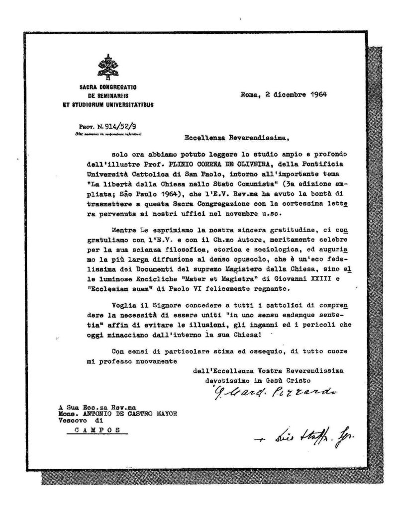Giuseppe Cardinal Pizzardo letter December 2, 1964 Italian original