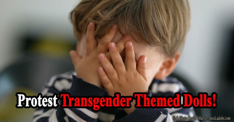Child wearing a striped shirt covers their face with hands, overlaid by bold caption: 'Protest Transgender Themed Dolls!'