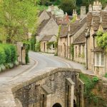 Stone village street with historic cottages, a stone bridge, and green hedges along a winding road.