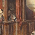 Woman with a patterned shawl leans over a wooden service counter as a clerk assists at a windowed booth in a historic interior.