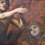 Dramatic painting of several bare-chested men reaching upward in a fiery red-hued scene, with distressed expressions and intertwined arms.