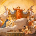 Central figure in red robes rises above clouds with outstretched arms, angels around, radiant heavenly light; a biblical Ascension scene.