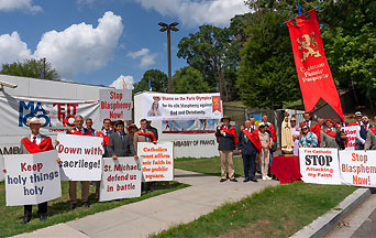 Faithful Catholics Protest Olympic Blasphemy at French Embassy